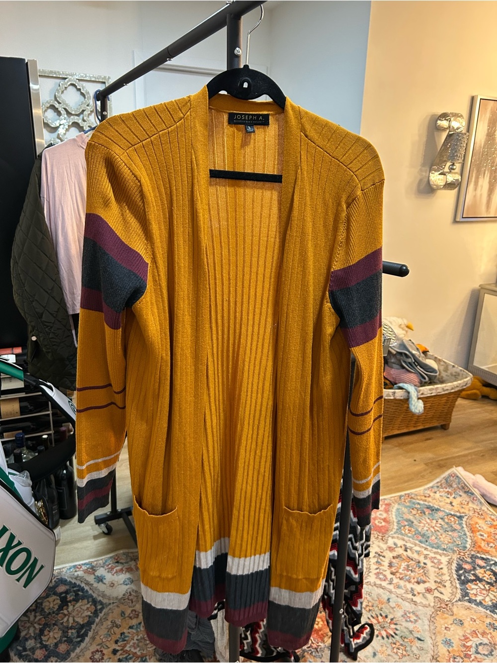 Joseph Mustard Open-Front Ribbed Cardigan with Multicolor Stripes